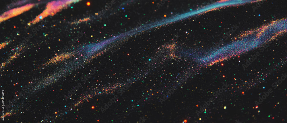 Poster stunning glitter overlay with iridescent particles on black background displaying vibrant colors