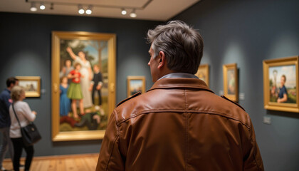 Caucasian man exploring art museum, appreciation of culture