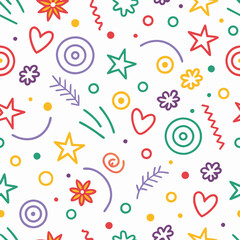 Colorful hand-drawn seamless pattern with hearts, stars, flowers, and geometric shapes on white background. (1)
