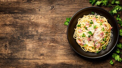 Delicious Plate of Spaghetti Carbonara with Crispy Bacon and Fresh Herbs on Wooden Table