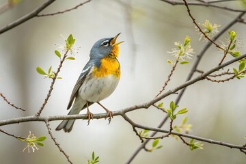 Fototapeta premium Minimalist Spring Warbler: Northern Parula Singing in Ottawa