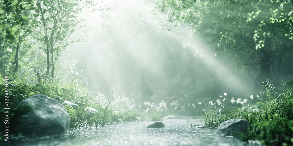 Poster sunlight filtering through trees illuminating a small stream with rocks and white flowers