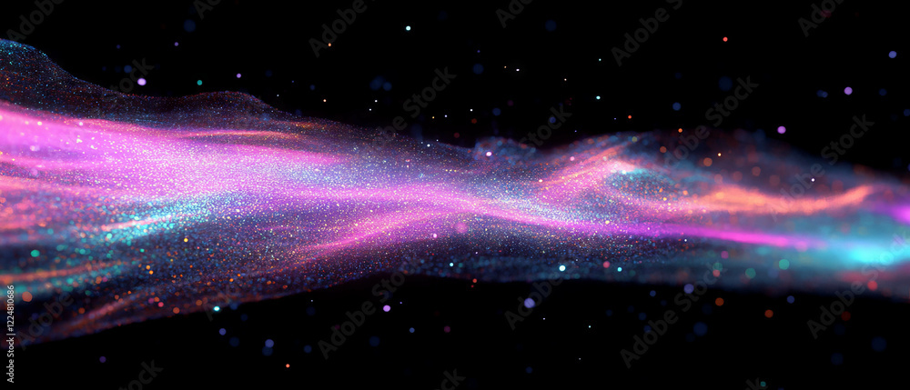 Poster ethereal glitter texture with floating particles against a dark background