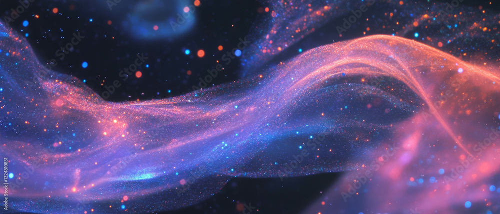 Poster Glitter effect with luminous particles floating in an ethereal black background