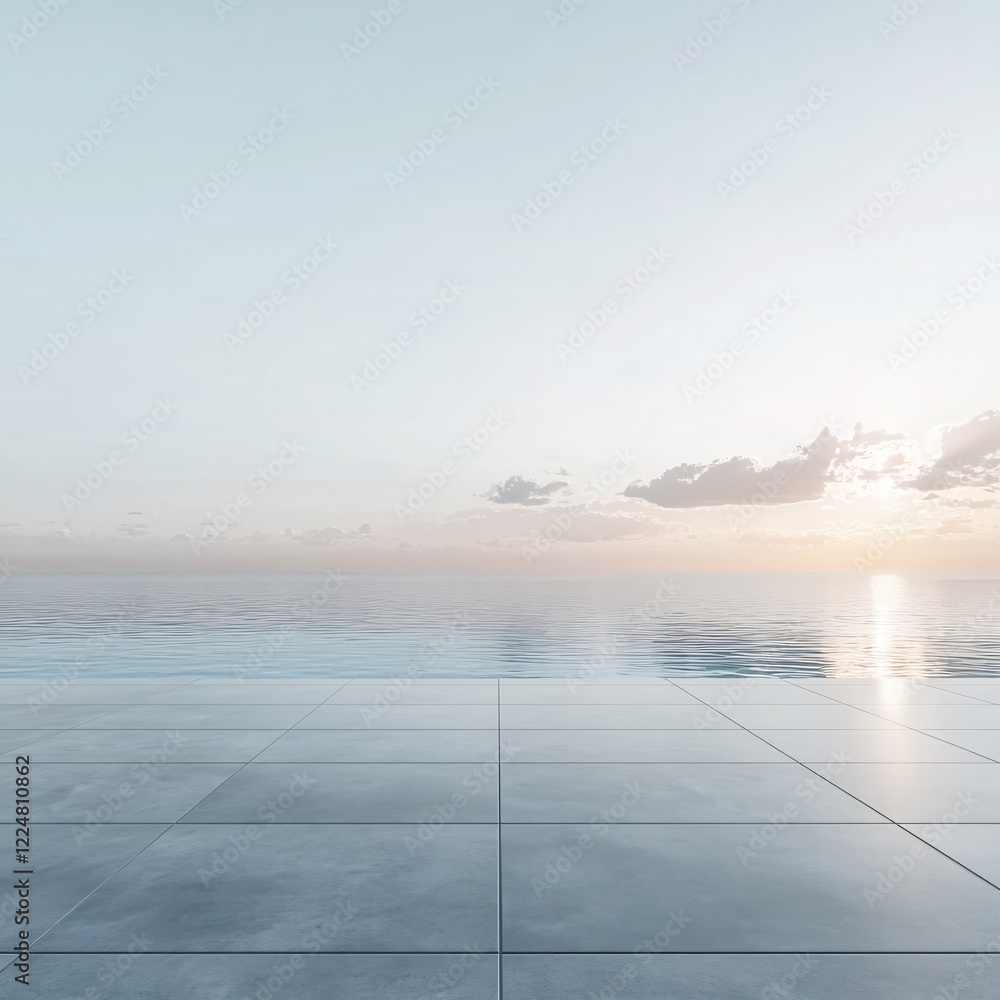 Poster calm ocean view from a tiled patio at sunset with soft light and gentle waves in the distance
