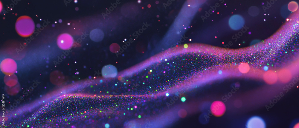 Poster glittering particles create abstract shapes on a black background with artistic flair