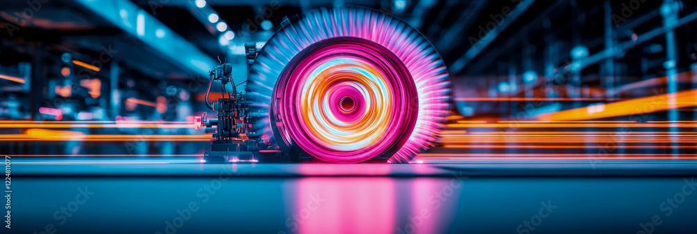 Poster futuristic machine with neon lights and rotating element in industrial setting