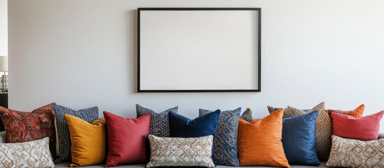 A minimalist living room featuring a blank frame and a couch with many pillows of various colors and patterns