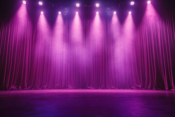 Stage with purple curtains and spotlights. Two actors in elegant costumes pose dramatically, one holding a rose. Atmosphere is theatrical and captivating.