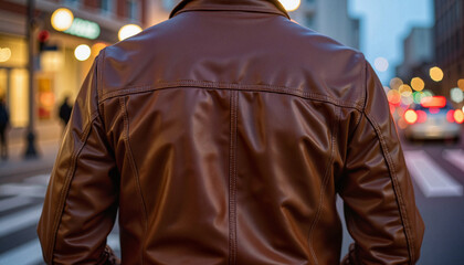 Fototapeta premium Casual stroll in urban evening with leather bomber jacket, street style