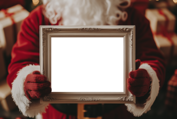 Santa Claus holding white frame in his hands . Christmas, holiday, festive themes, background with copy space. blank framed board ready for your message or artwork