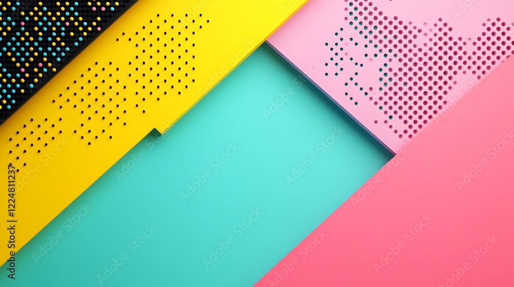 Poster colorful abstract geometric shapes with dots and stripes on a smooth surface for modern design proje