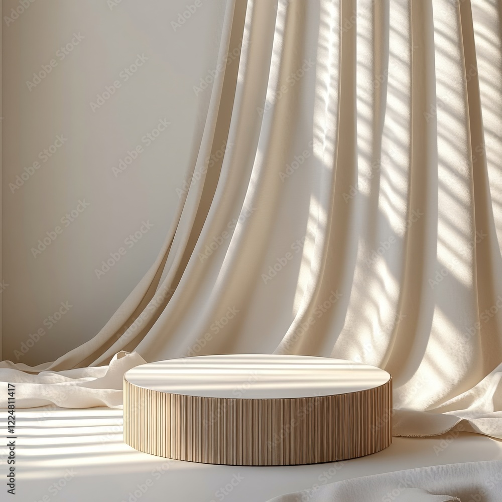 Poster minimalist scene with a round wooden platform and draped fabric in soft light creating a serene mood