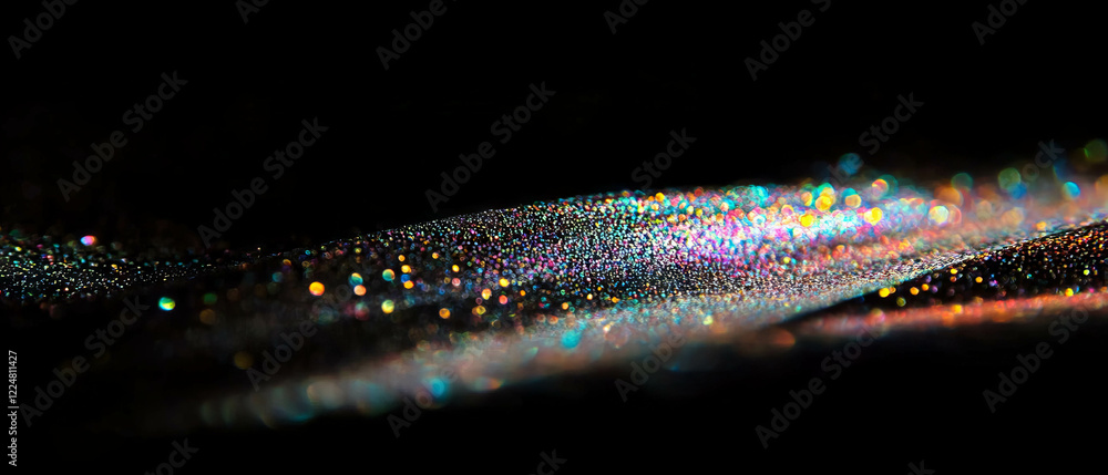 Poster vibrant glitter texture shimmering on a black background with iridescent reflections