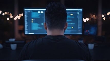 Naklejka premium Business Analyst Reviewing Data on Computer Screens in Modern Office Environment at Night