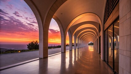 Obraz premium Minimalist Sunset Reflection in Modern Architectural Corridor with Glowing Arches