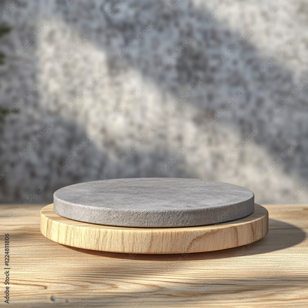 Poster minimalist platform display with concrete and wood texture on a blurred background with shadows