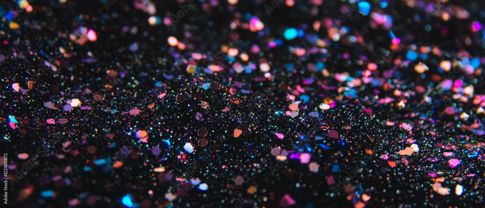 Poster Sparkling glitter texture with scattered particles on a deep black background creating visual depth