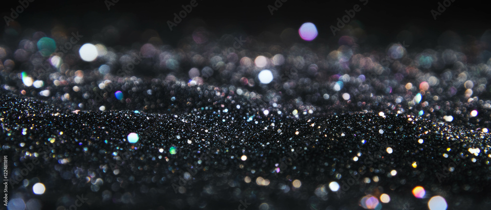 Poster glitter texture with scattered particles creating a shimmering effect on a black background