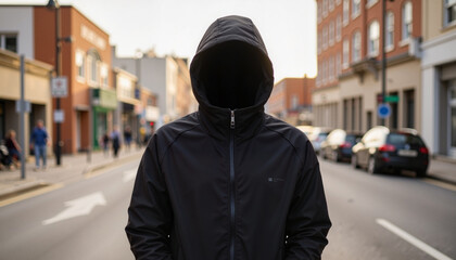 Fototapeta premium Mysterious figure in black hooded jacket on urban street, anonymity