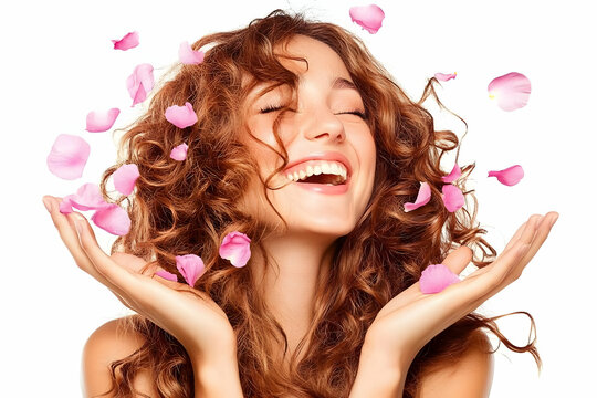Beautiful Woman Laughs with Pink Petals Falling Gently Around Her Curly Hair