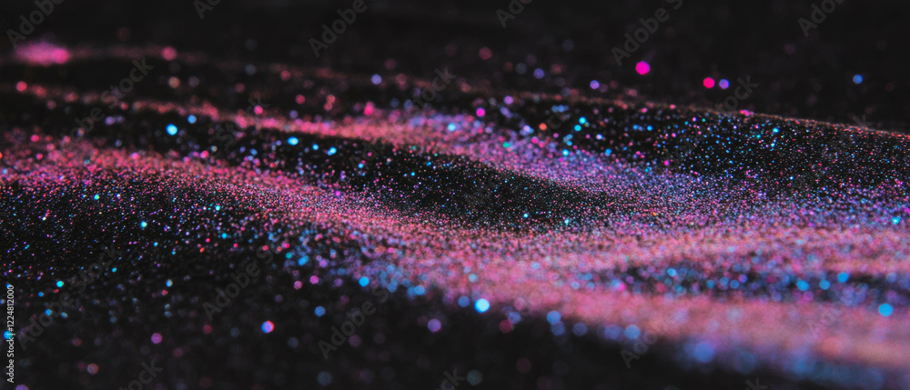 Poster glitter overlay texture with shimmering colors on a rich black background