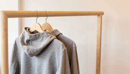 Soft grey hooded jackets hanging on minimalist rack, fashion display