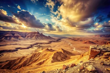 Fototapeta premium Ramon Crater's vintage charm: sandy hills, towering mountains, and Israel's stark desert beauty.