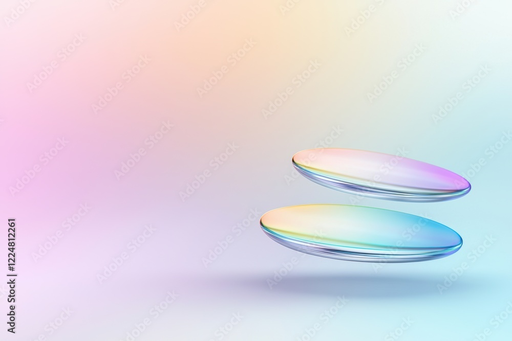 Poster floating 3d metallic shapes on soft gradient background with pastel tones