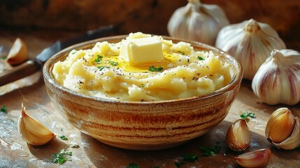 Creamy mashed potatoes with melting butter and roasted garlic on a rustic table