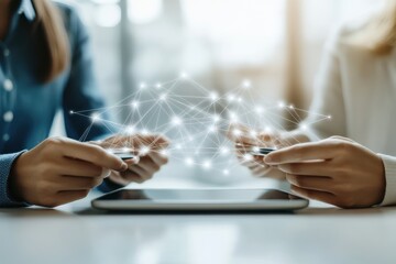 Two coworkers discussing data on a tablet, with overlapping digital network visuals illustrating the concept of connectivity.