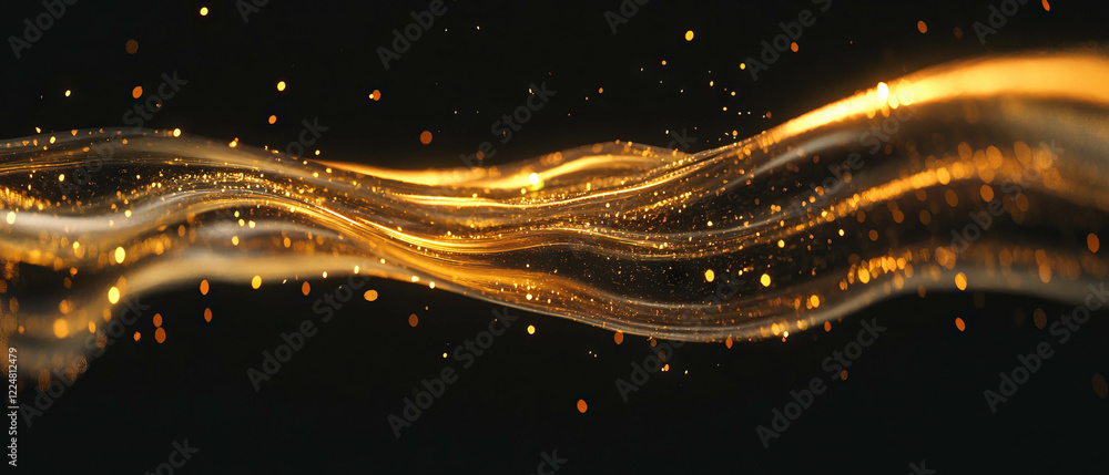 Poster Continuous flow of shimmering gold confetti stream against a dark background