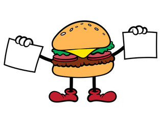 Hamburgers cartoon characters carrying signboard for Big sale. Best for icon, logo, sticker, and mascot for fastfood restaurant