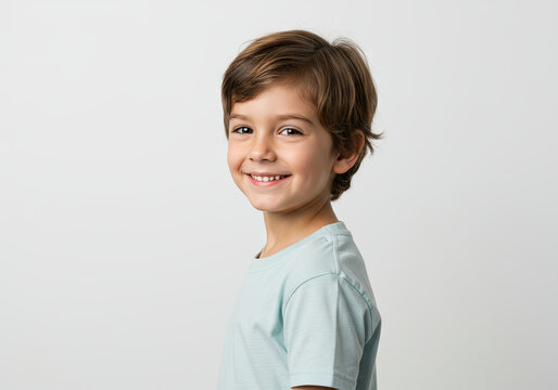 Portrait of a laughing boy of 6-7 years old in a T-shirt on a light background