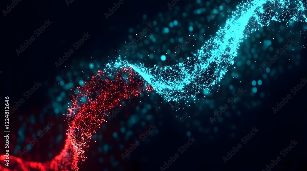 Poster abstract background with red and blue particles flowing gracefully in a dark space.