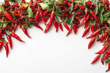 Red hot chili peppers on white background, vibrant and spicy, speaking of bold flavors and culinary adventures.
