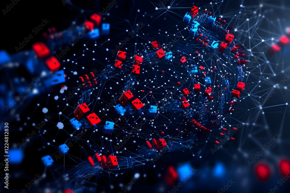 Poster Abstract 3D Render of Interconnected Cubes Forming a Network with Dynamic Lines and Particles on a Dark Background.