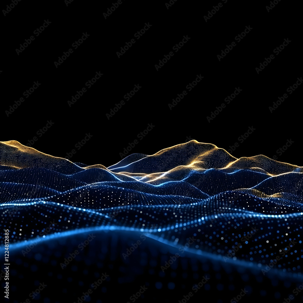Poster abstract blue and gold particle landscape forms a digital wave pattern smoothly on a dark background