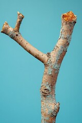 Fototapeta premium Bare tree branch with light blue lichen against a solid light blue background nature still life