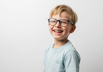 Portrait of a laughing boy of 6-7 years old in a T-shirt on a light background