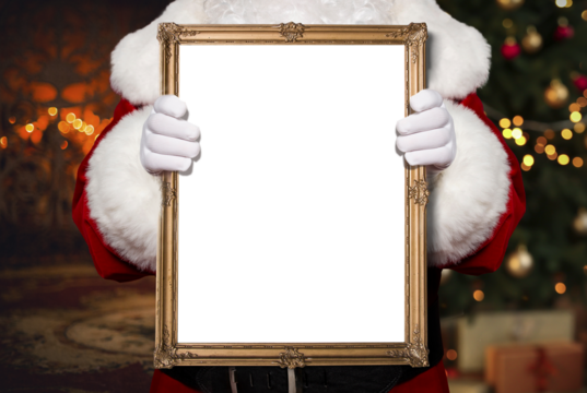 Santa Claus holding white frame in his hands . Christmas, holiday, festive themes, background with copy space. blank framed board ready for your message or artwork