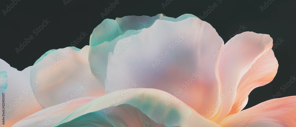 Poster gradient petal colors create a serene visual against a deep black background