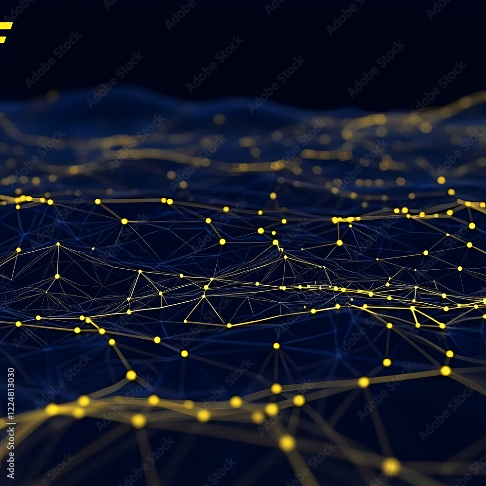 Poster abstract 3d network with glowing nodes forms a digital landscape seamlessly.