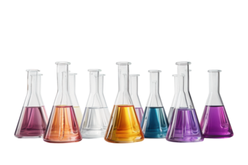 Colorful laboratory glassware filled with vibrant liquids arranged artistically on a bright white background in a modern science setting isolated on transparent background