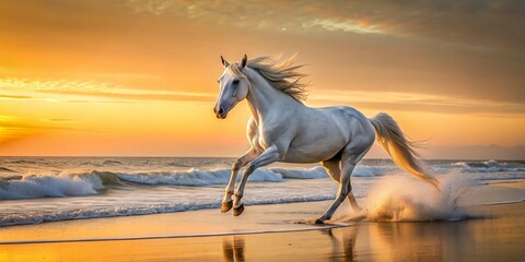 Minimalist White Horse Galloping on Sandy Beach at Sunset