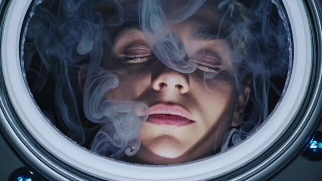 Serene female resting inside futuristic cryosleep chamber, vapor swirling softly around facial features, viewed through circular glass porthole revealing tranquil wellness moment