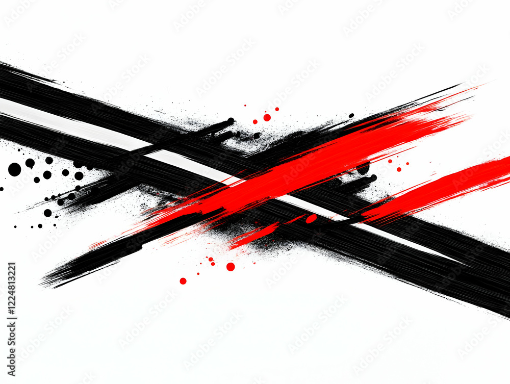 Aufkleber abstract background with red and black brushstrokes dynamically intersecting on white canvas