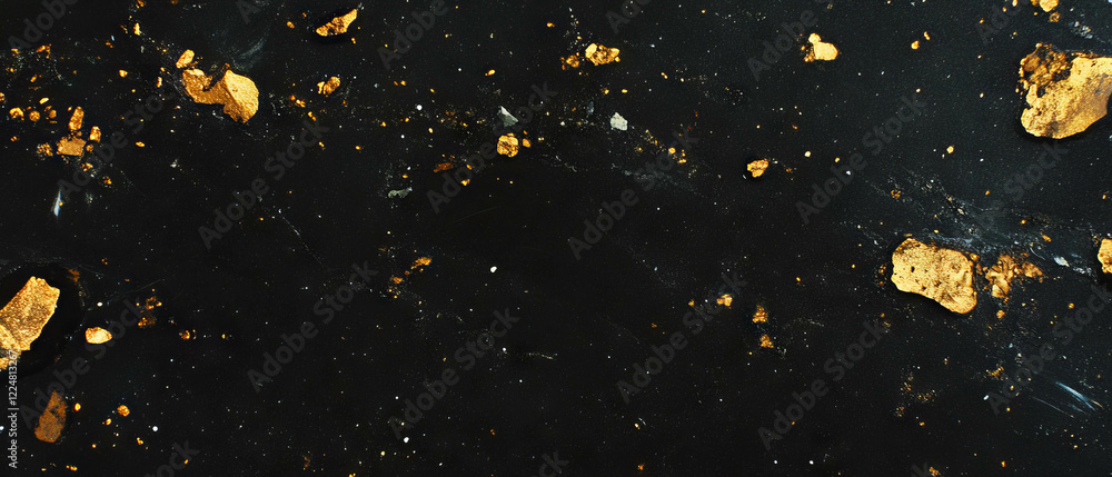Poster Heavy grain and contrast overlay texture with golden particles on a black background