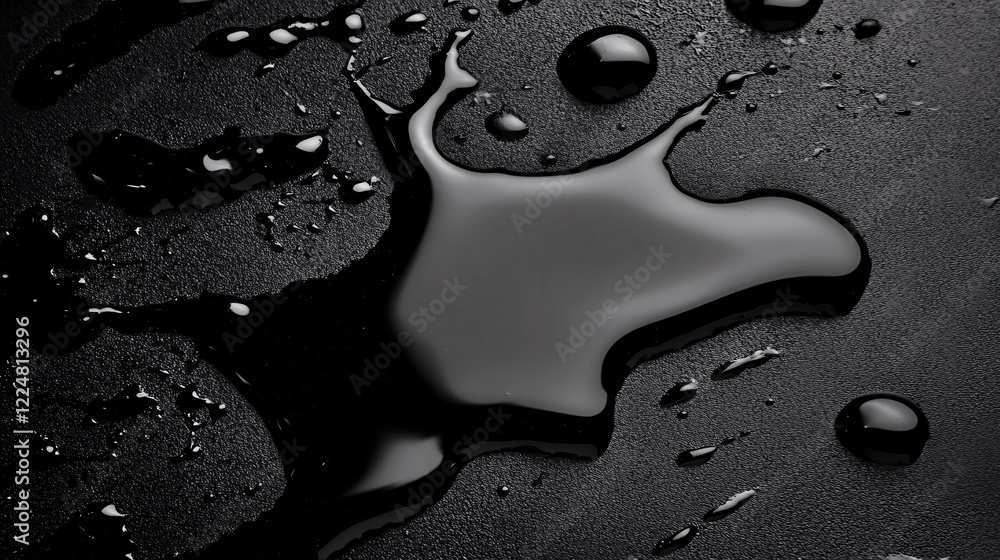 Poster black liquid spill on dark textured surface creating abstract shapes and reflections of light