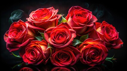 Obraz premium Romantic double exposure: red roses bloom against a dramatic black backdrop, creating stunning floral art.